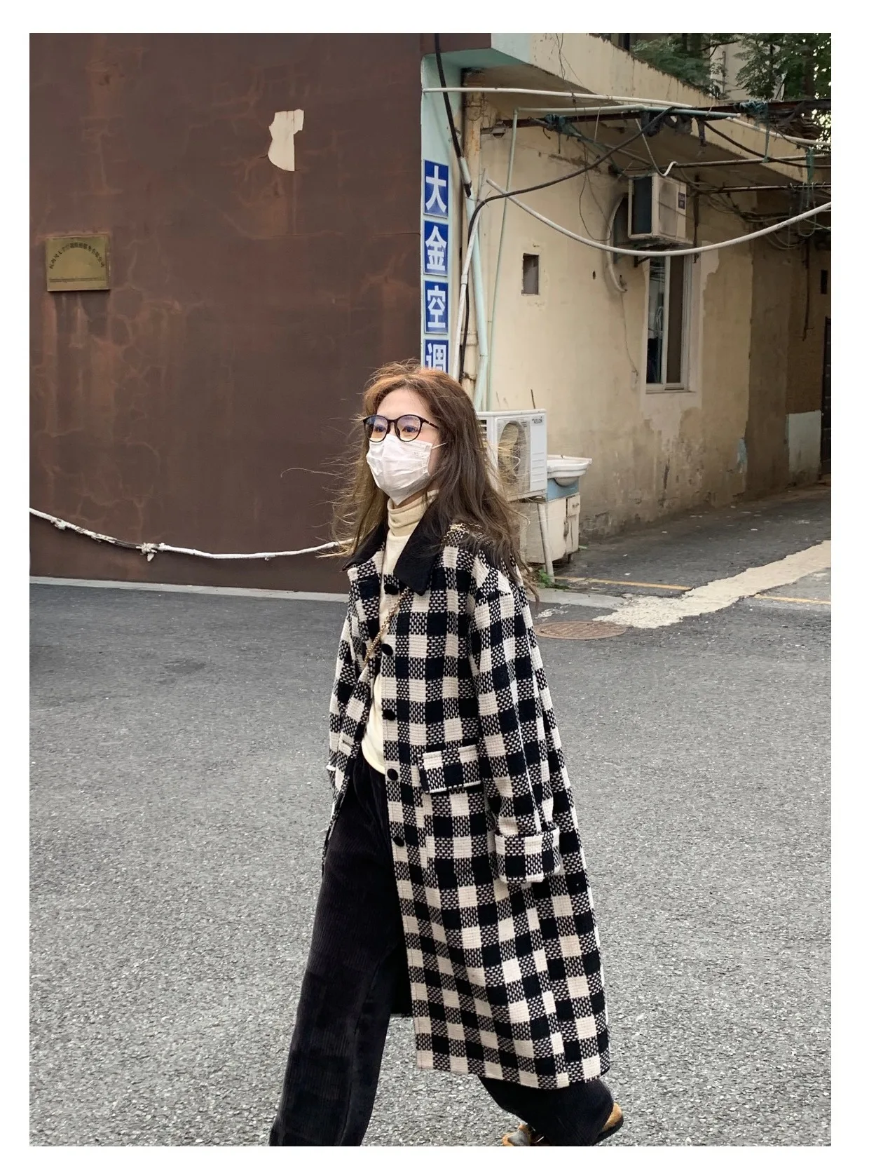 

OreO Plaid Cotton Velvet Collar Mid-Length Women's Coat Briti Sle Wool Blend Thiened Winter Outerwear Open Front Design