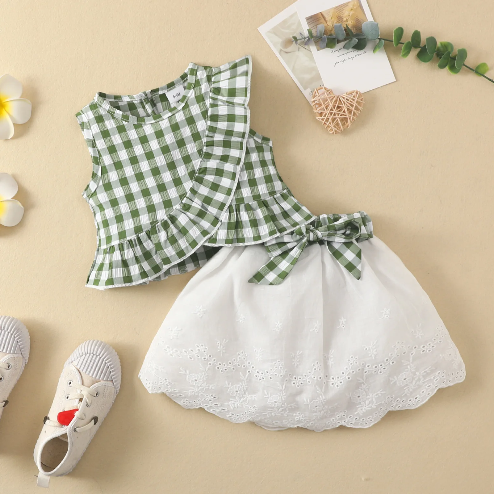 Baby Summer Sleeveless Ruffled Plaid Top Bow Embroidered Skirt Girls Thin Suit Skirt