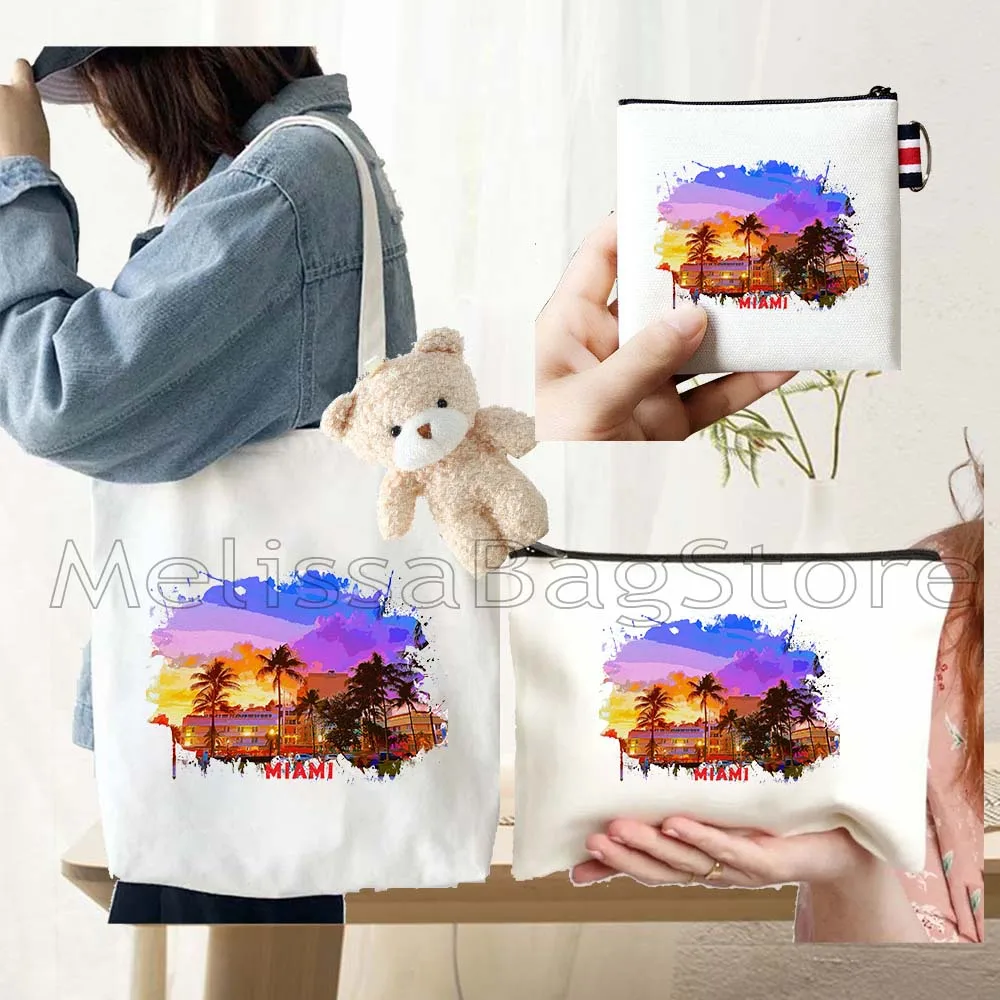 4PCS Gifts Set Miami Florida White Canvas Tote Bag Handbag with Doll Key Coin Purse Cosmetic Makeup Toilet Bag Case Pouch