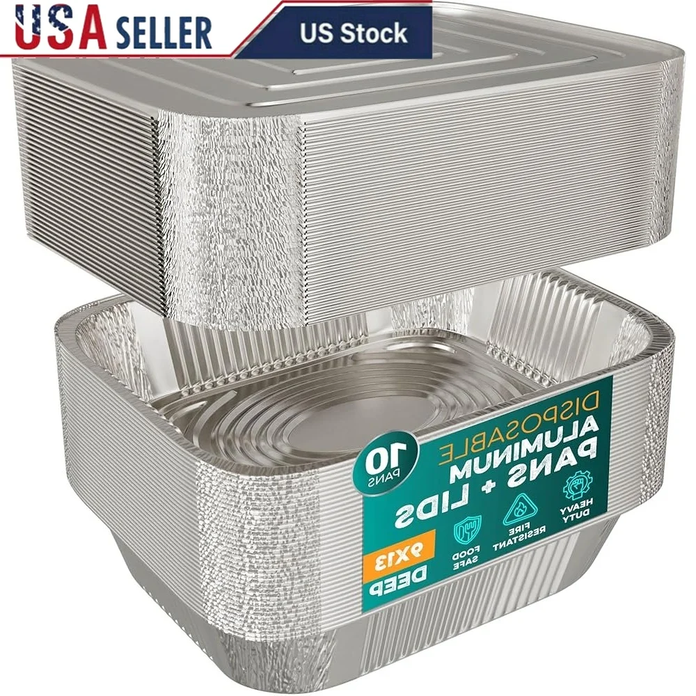 

Aluminum Foil Pans With Lids Disposable Baking Trays 10 Set Oven Safe Roasting Cleanup Easy Stackable Catering Food Transport