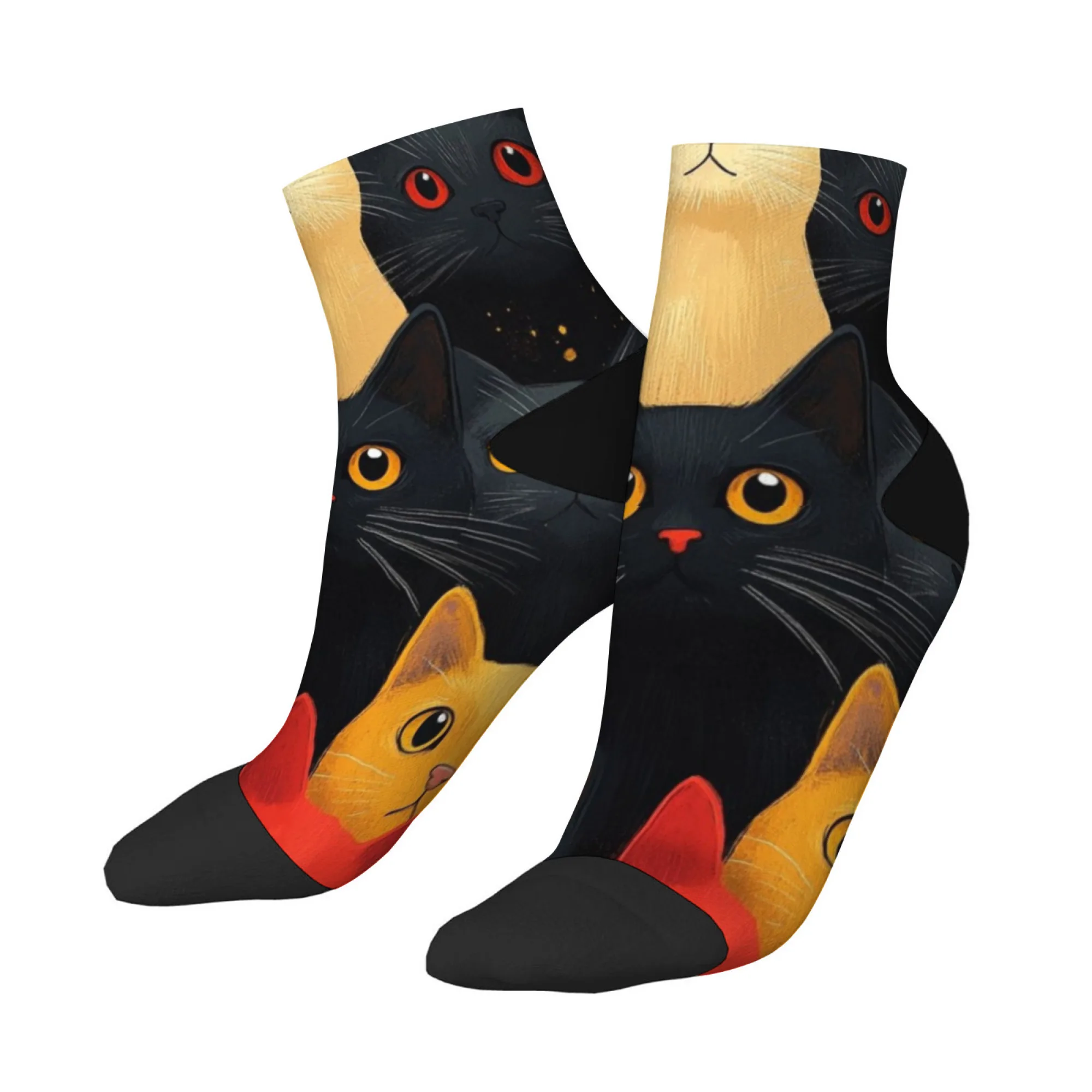 Kurze Socken mit schwarzer Katze, Polyester-Mischung, bequeme Freizeitsocken für Damen und Herren, Unisex, weich, atmungsaktiv, leicht, modisch
