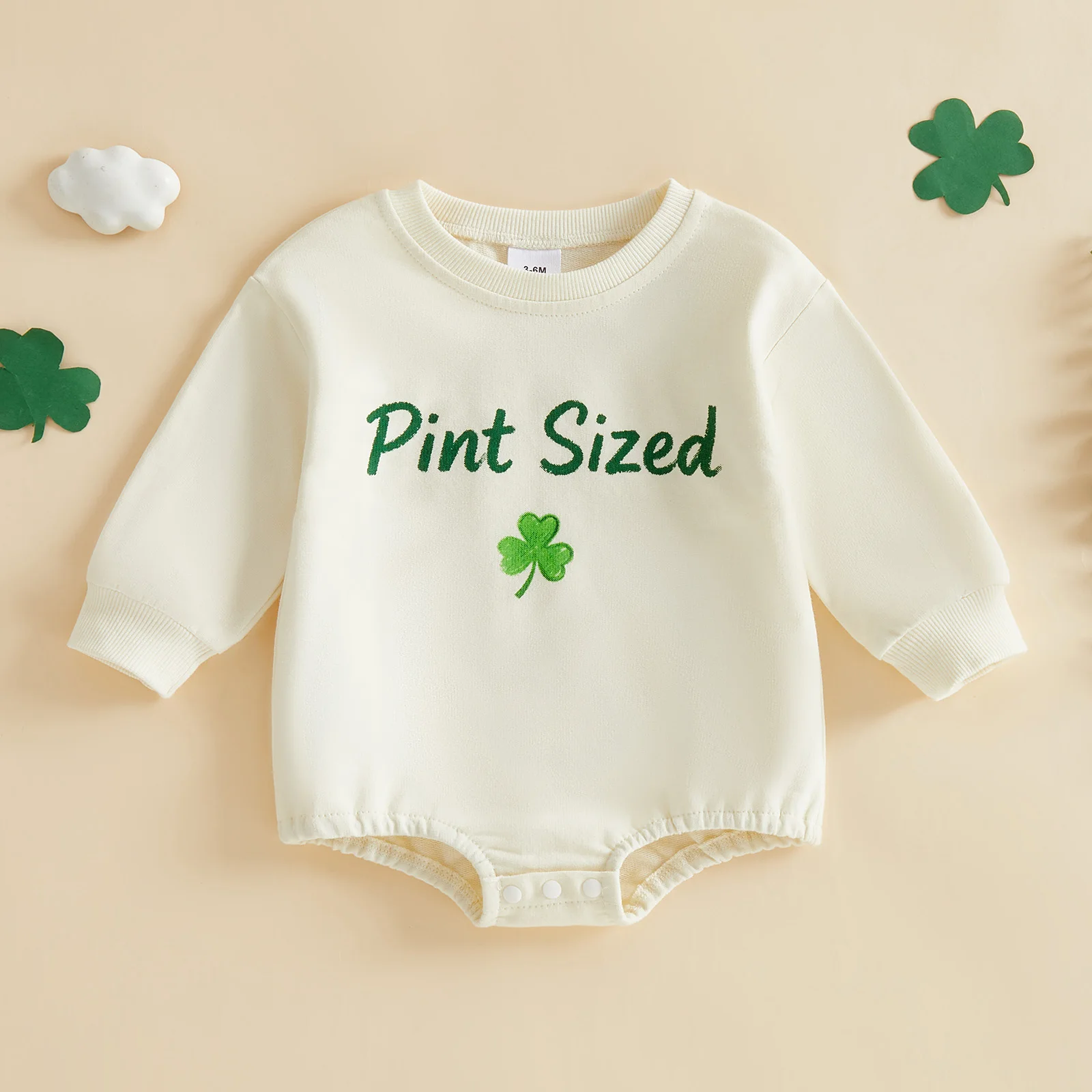 Infant Baby Irish Romper Fashionable Shamrock Letters Printed Crew Neck Long Sleeve Jumpsuit