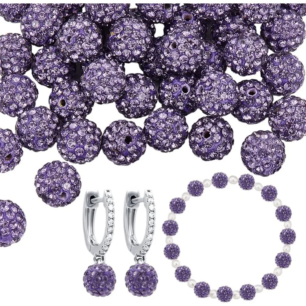 

100pcs 10mm Purple Rhinestone Beads Purple Clay Polymer Disco Ball Round Clay Beads for Necklace Bracelet