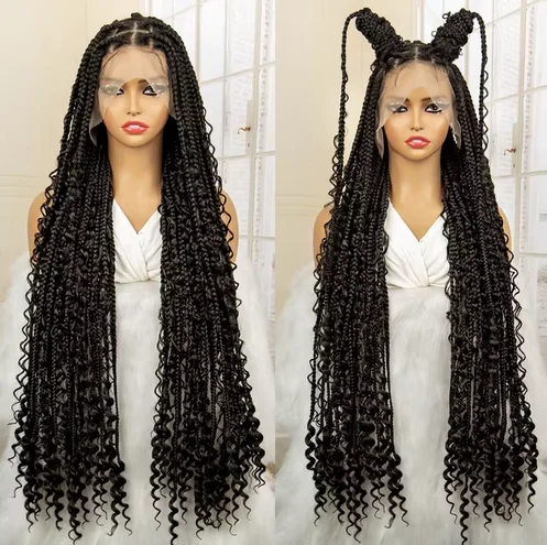 Full Lace Synthetic Boho Braided Wigs with Baby Hair Long Curly Hair Wig with Braids 36 Inches Braiding Wig for Black Women