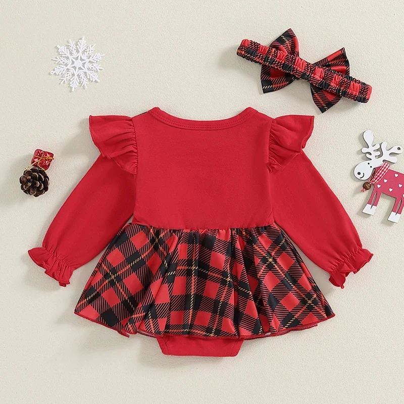 Chrismtas Newborn Baby Girls Rompers Clothes Red Plaid Santa Claus Print Long Sleeve Bowknot Patchwork Jumpsuits Headband image 3