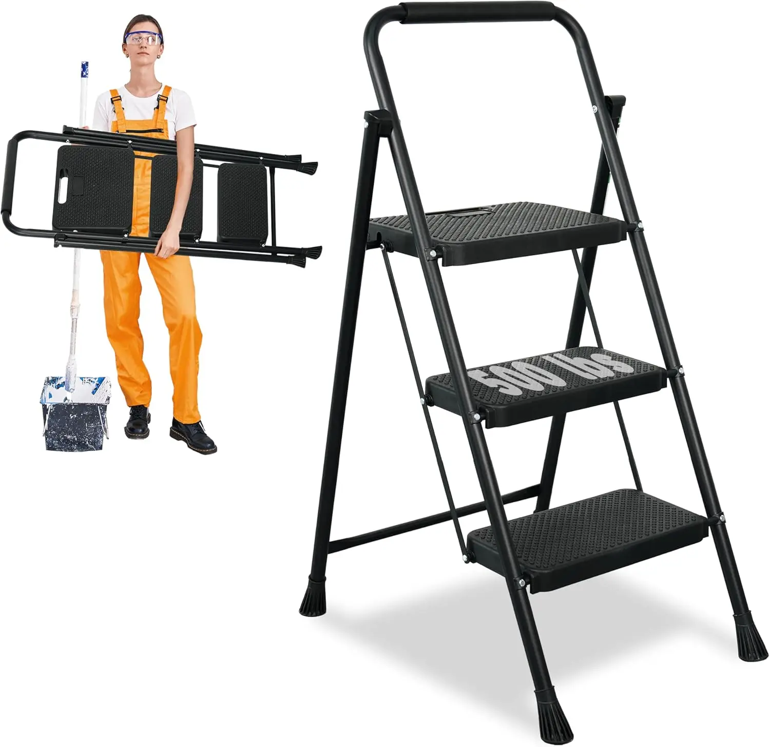 3 Step Ladder, Protable Steel Folding Stool with Wide Anti-Slip Pedal, 500lbs Sturdy Steel Ladder, Black