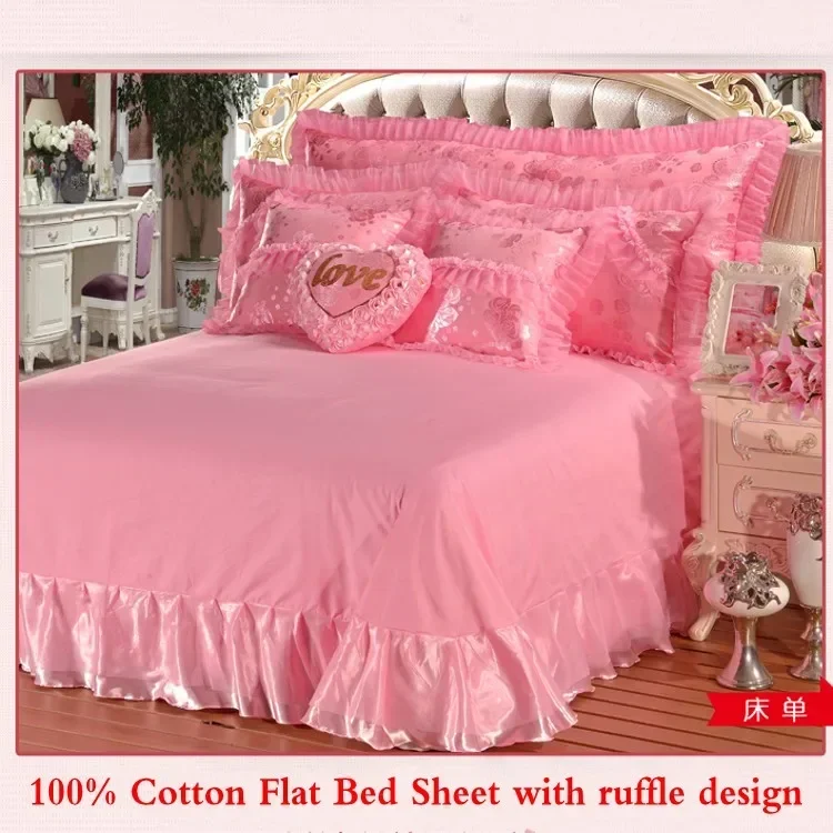 Korean Style Princess Wedding Bedding Set Luxury Pink Heart Lace Jacquard Satin Duvet Cover Bedspread Bed Sheet Pillowcases