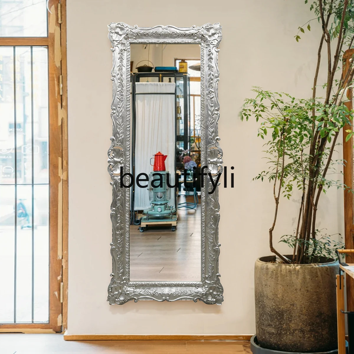 مرآة أرضية مرآة كاملة الطول منحوتة فاخرة وحديثة أوروبية، متجر ملابس فرنسي قديم، مرآة لكامل الجسم