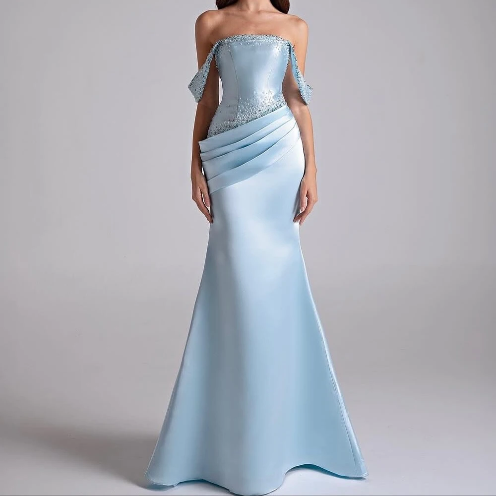 

Customized Mermaid Evening Dresses Floor-length Off The Shoulder Sleeveless Prom Gown Fashion Crystal Pleat Backless Party Gown