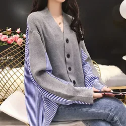 Female Korean Casual V-Neck Knitted Spliced Shirt Autumn Winter Fashion Loose Single-breasted Striped Blouse Women's Clothing