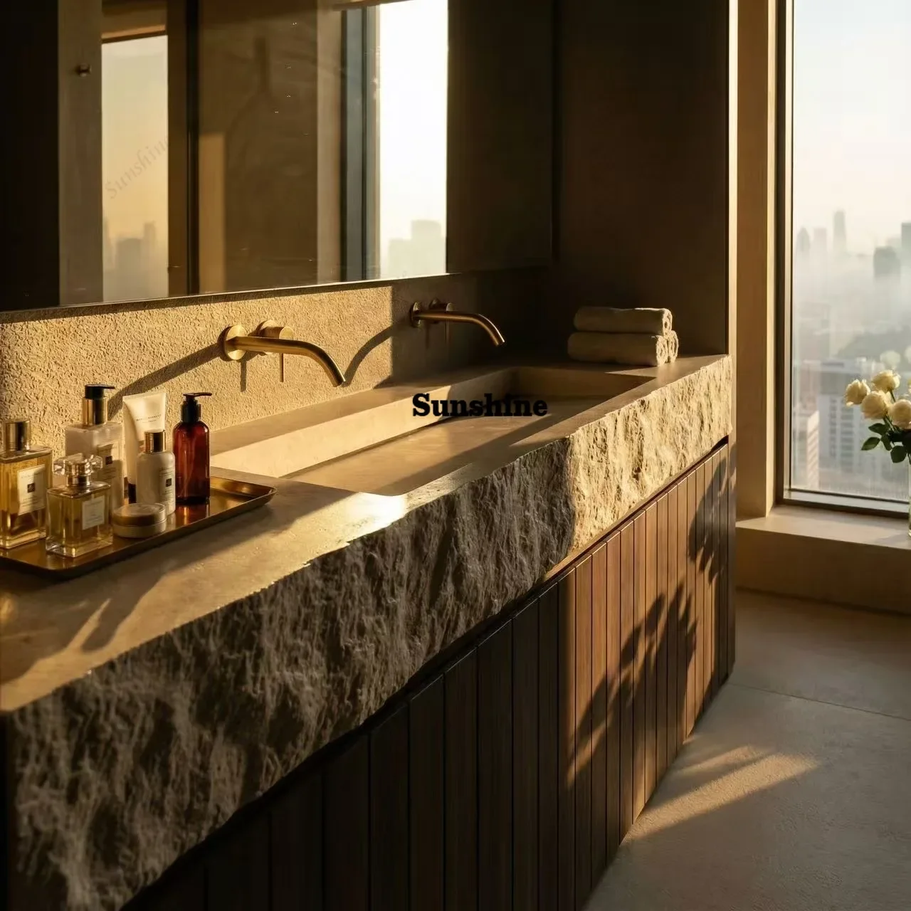 Wall-mounted washbasin with a rough travertine countertop, concealed drain, and textured basin; artificial stone countertop.  FT