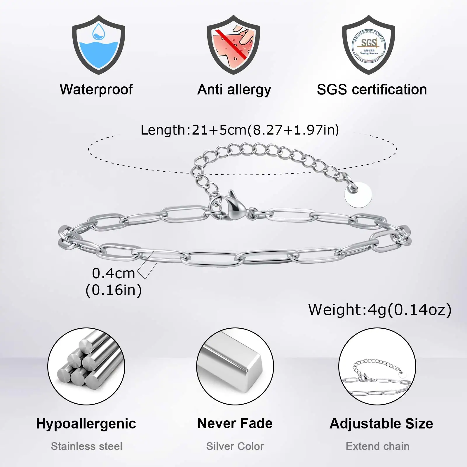 Wasserdichtes Edelstahl-Fußkettchen für Männer, lässige silber- und goldfarbene Fußkettchen, Armband, Figarokette, kubanische Kette, Fußkettchen. – Detail 1