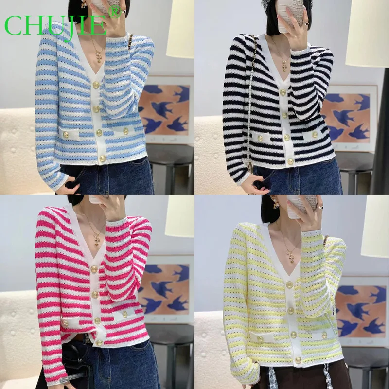 

CHUJIE 2025 Autumn New Arrival: Gentle-style Stripe Color-Block V-Neck Metal Buckle Fashionable Versatile Knitted Cardigan Top
