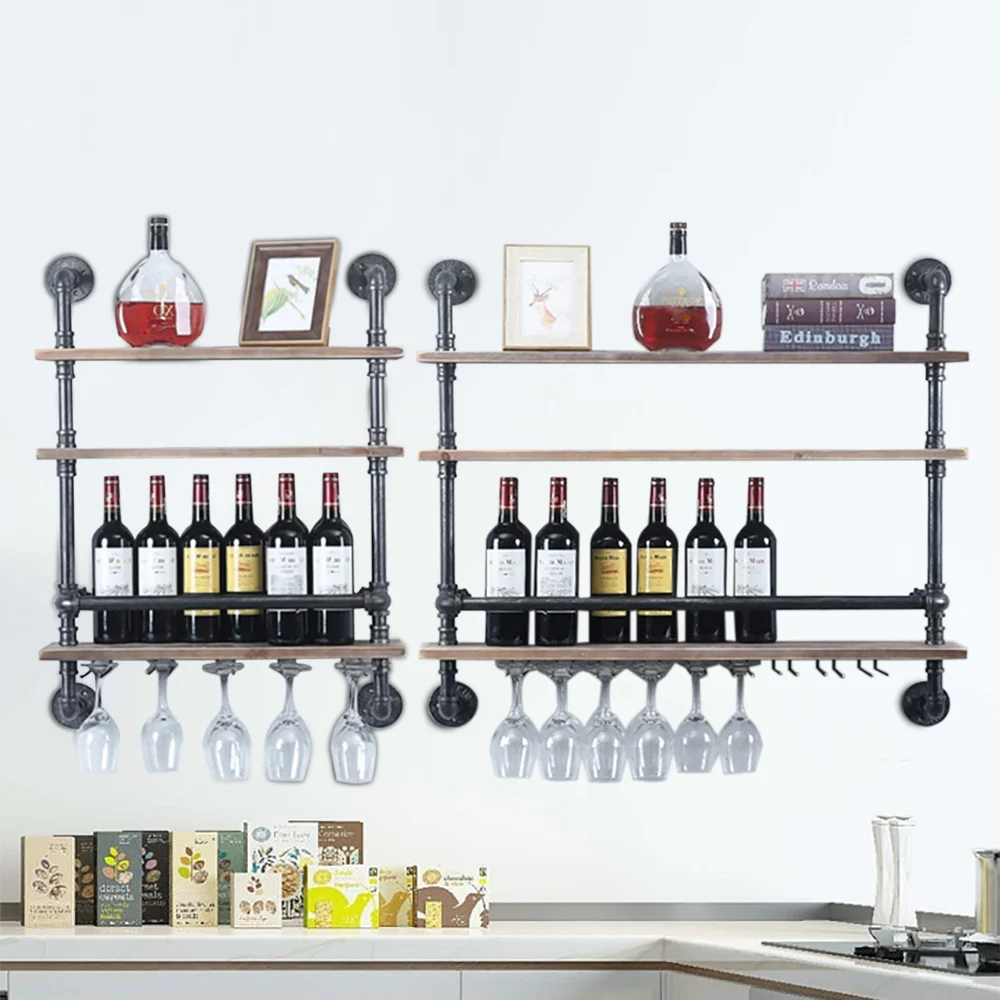 

Industrial Bottle Shelf Wine Rack Wall Mounted Shelves with Stem Glass Holder Dining Room Wine Shelf, Real Wood