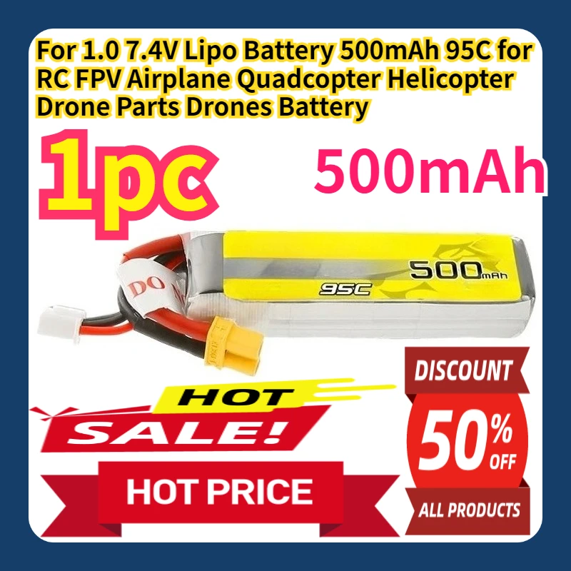 

For 1.0 7.4V Lipo Battery 500mAh 95C for RC FPV Airplane Quadcopter Helicopter Drone Parts Drones Battery