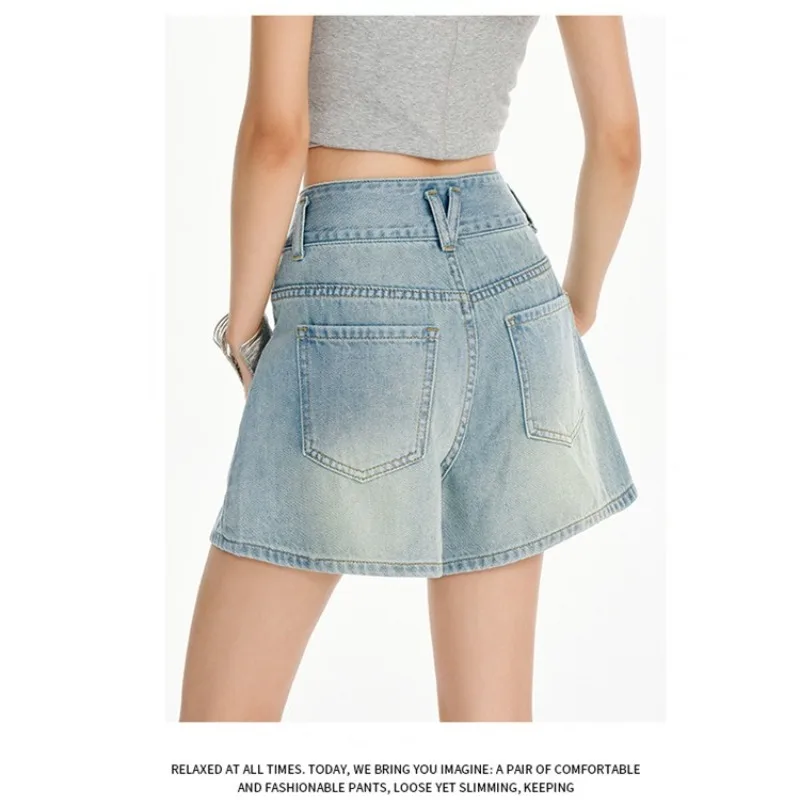 Denim Shorts Women Hot Girl Button Casual High Waist Hip Lifting Shorts American Style A-line Hip Hot Commuting Wide-leg Pants