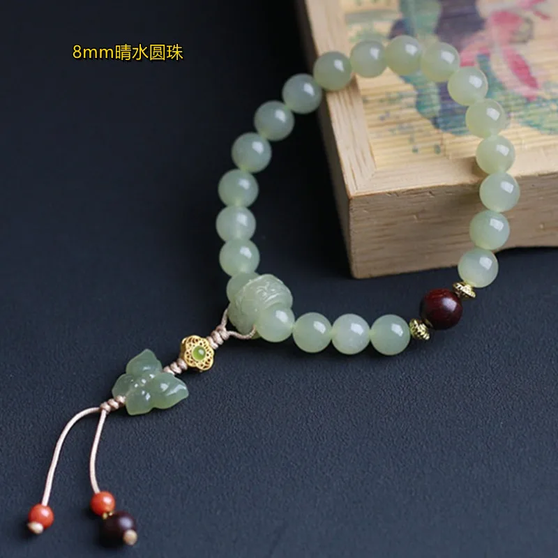Women'S Hetian Jade Single- 8Mm Round Bead Bracelet With Loop