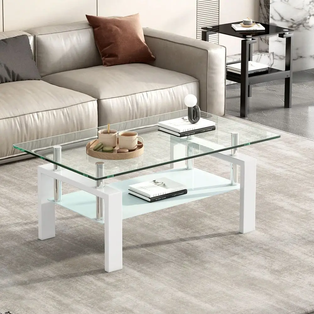 Glass Coffee Table For Living Room, Small Glass Coffee End Tables For Living Room 2 Layer Sofa Table With Metal Legs