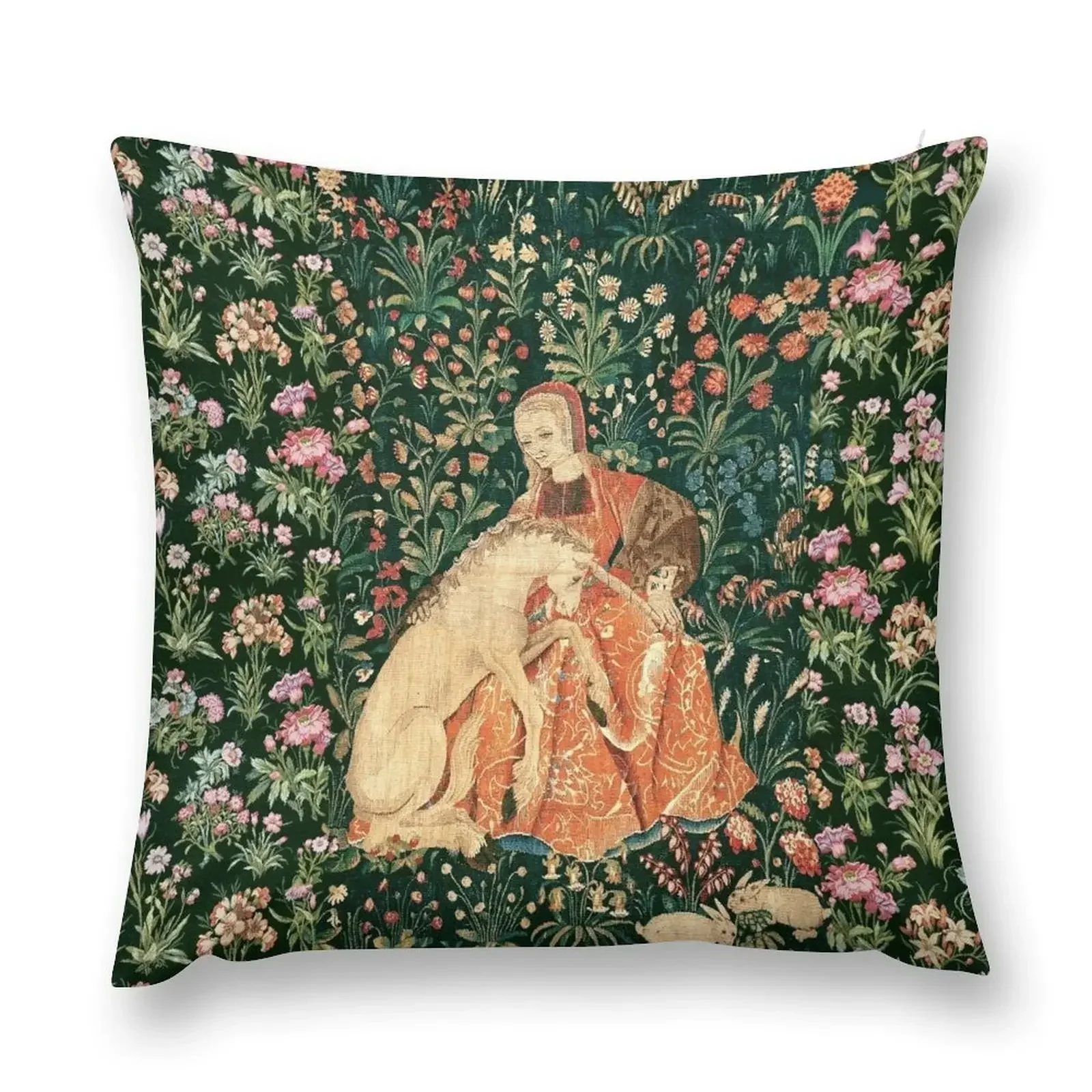 

LADY AND UNICORN AMONG FLOWERS ,HARES,Red Green Floral Throw Pillow pillow pillowcase Covers For Sofas pillow