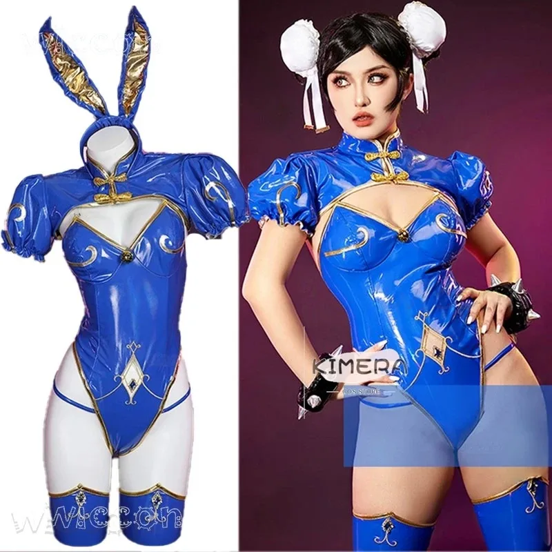 

COSda@Street Chunli Chun Li Cosplay Costume Wig Fighter Game SF Role Play Bunny Girls Outfit PU Tight Skirt Halloween Sexy Dress