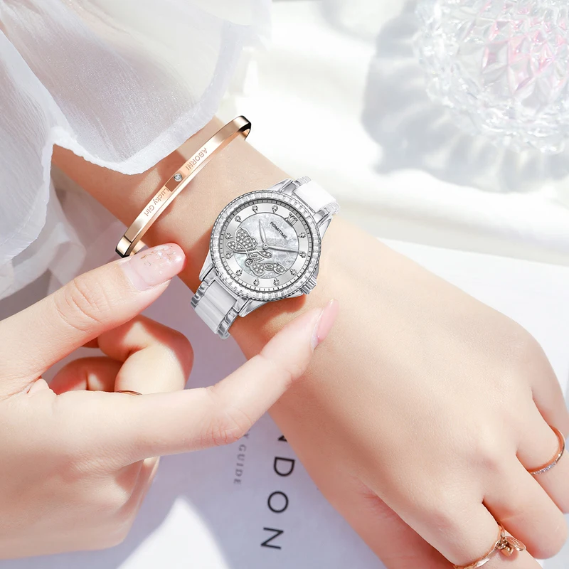 ROMITIME Women Quartz Watch Luxury LOVE-Inspired Pattern Calendar Ceramic-Steel Bracelet 30M Waterproof Luminous Lady Clock