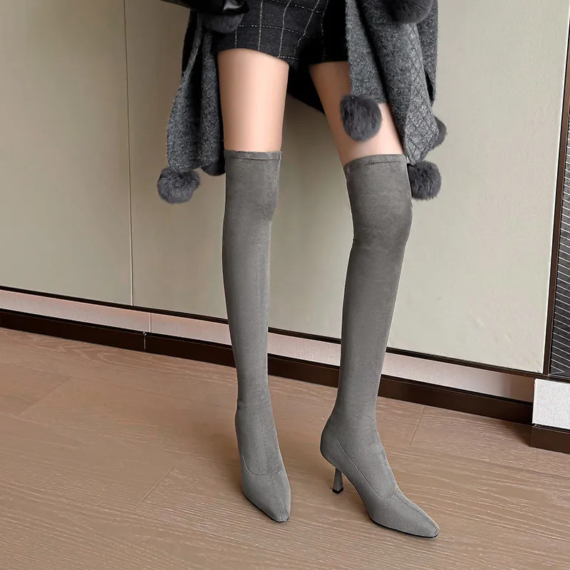 

MKKHOU модные женские сапоги выше колена, новые высококачественные замшевые остроконечные узкие эластичные сапоги, современные женские сапоги до бедра