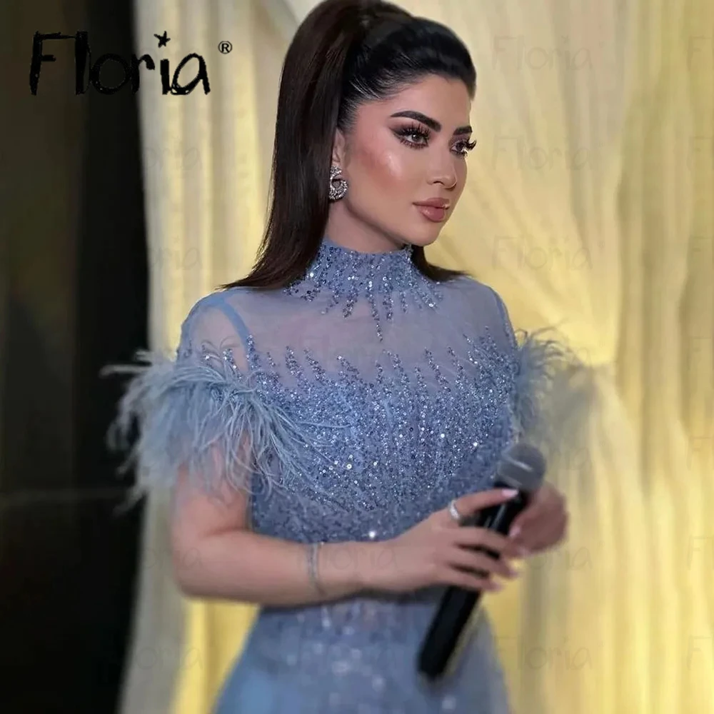 Arabic Blue Elegant A Line Celebrity Dress Feather Short Sleeve Formal Prom Dress Women Host Gowns Evening Event Dress Dubai