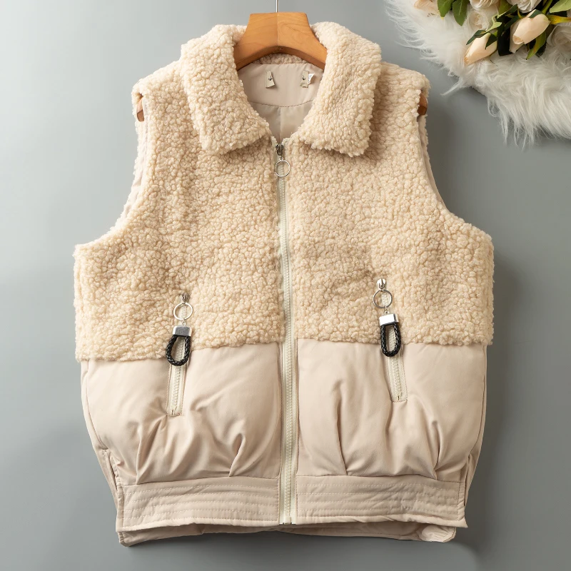 

Women's Cotton Sleeveless Vest Fall Winter Lambswool Patchwork Turn Down Collar Zipper Pockets Embroidery Office Lady Vests