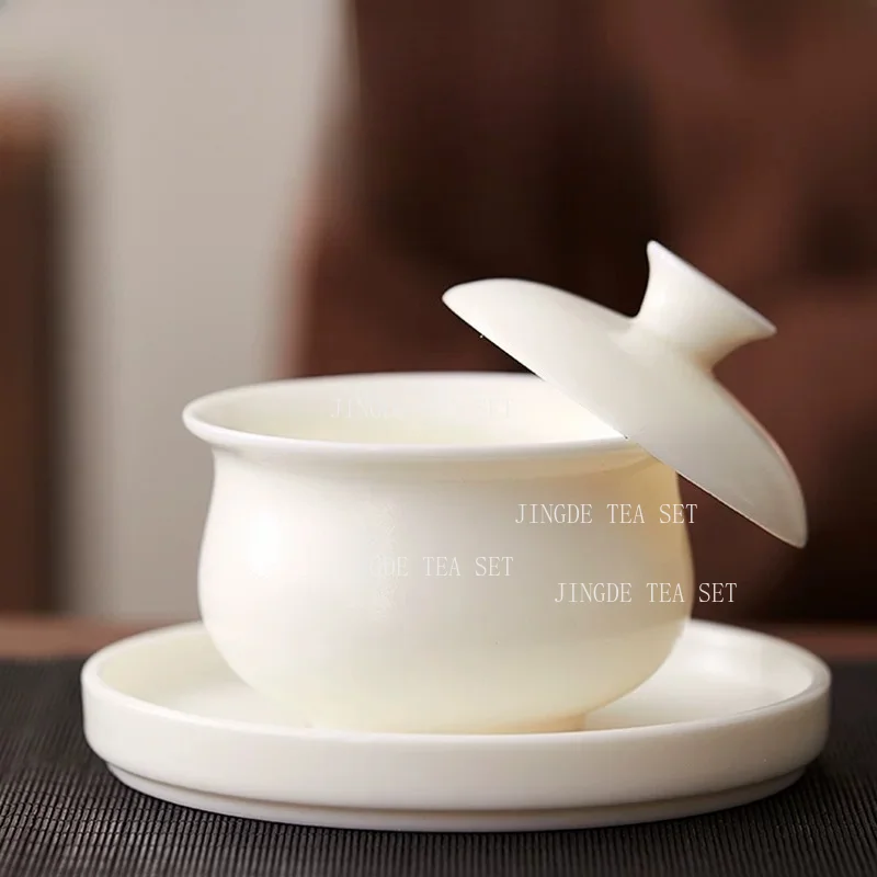 Chinese Style Plain White Dehua Porcelain Sancai Gaiwan Simple Matte Covered Bowl with Lid Saucer Kung Fu Tea Ceremony Teaware