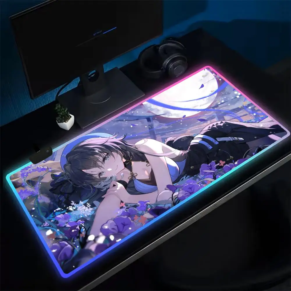 Super W-Wuthering Waves Mouse Pad Anime Gaming Mouse Pad LED Table Pads Backlit Rubber Desktop XXL Mousepad RGB Desk Mats