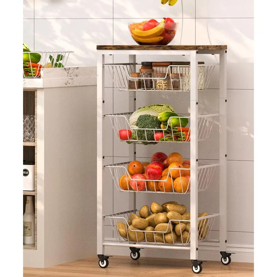 

Vegetable Storage Cart for Kitchen, 5Tier Vegetable Stand Rack with PullOut Fruit Baskets, Rolling Snack Cart with Wood Top amp