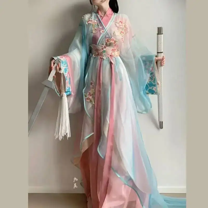 

New Hanfu Dress Suit Improved Embroidered And Print Blended Hanfu Daily Short Style Tailored Palace Style Girl's Pink Han Set