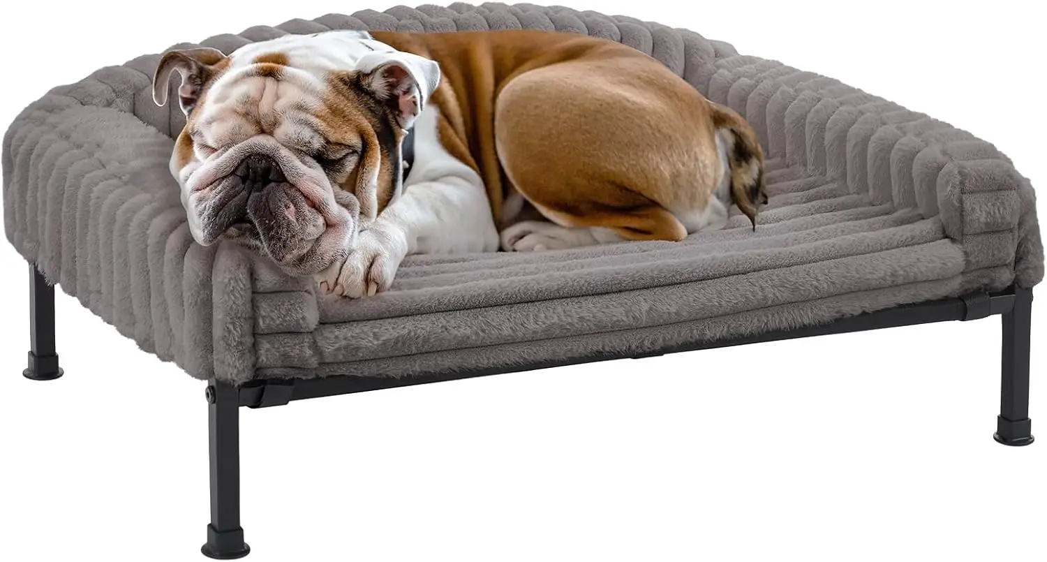 

Fluffy Plush Dog Couch Bed with Bolster Cushion, Raised Pet Cot for Small Dogs, Washable, 36x28 Inches, Grey