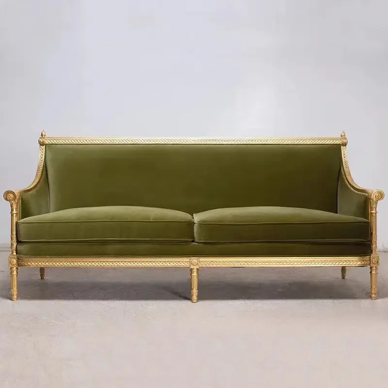 Honghao French light luxury solid wood three-person fabric sofa European carved palace villa large flat floor partial hall l