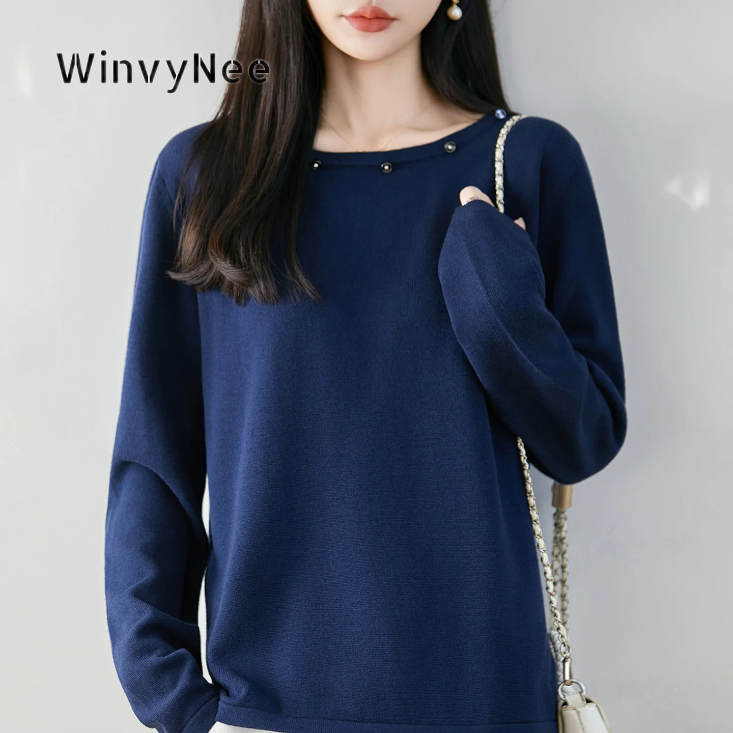 WinvyNee Women Knit Top 100% Cotton Five Buttons Round Neck Long Sleeve Relaxed Cropped Pullover Elegant Daily Attire ZA1092069