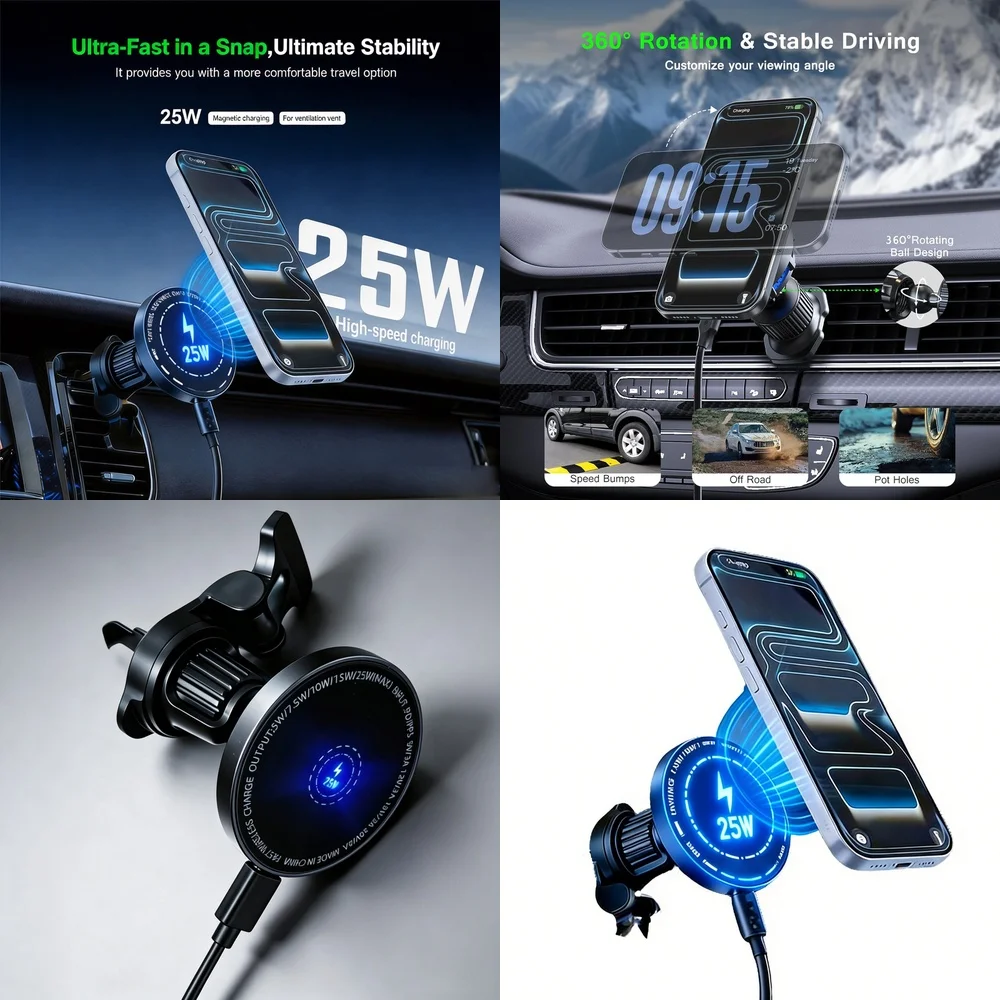 Magnetic Car Wireless Charger Mount 25W Vent 360 Rotation Low Temp Safe Charging for iPhone 17 Samsung Galaxy S26 Ultra Android
