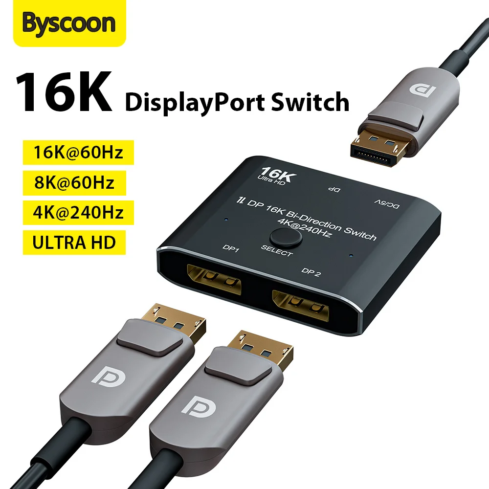 DisplayPort Switch 16K Splitter Bidirectional DP 2.0 Switcher Box 2 in 1 Out/1 in 2 Out Supports 8K@60Hz 4K@240Hz for PC Laptop