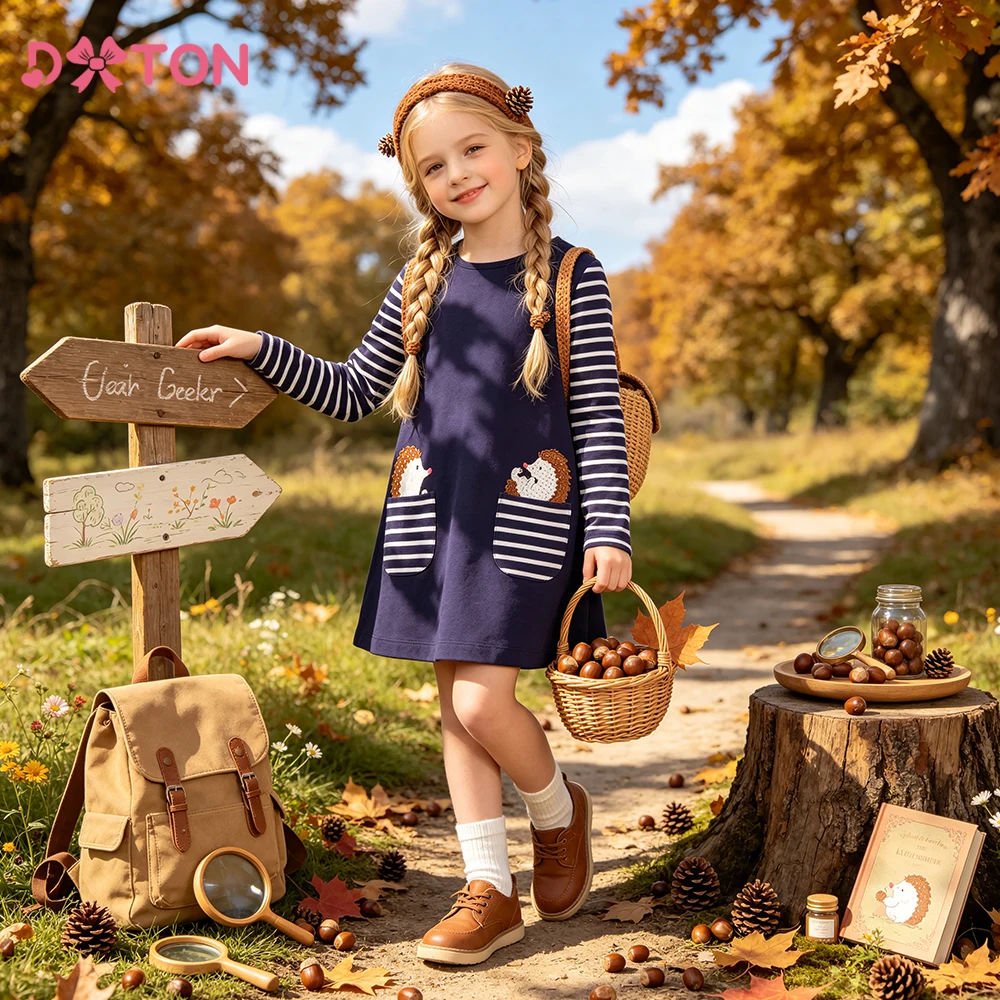 DXTON Autumn Toddler Outerwear Dress Stripes Cotton Children Dresses Pocket Kangaroo Applique Girls Daily A-line Dress Clothing