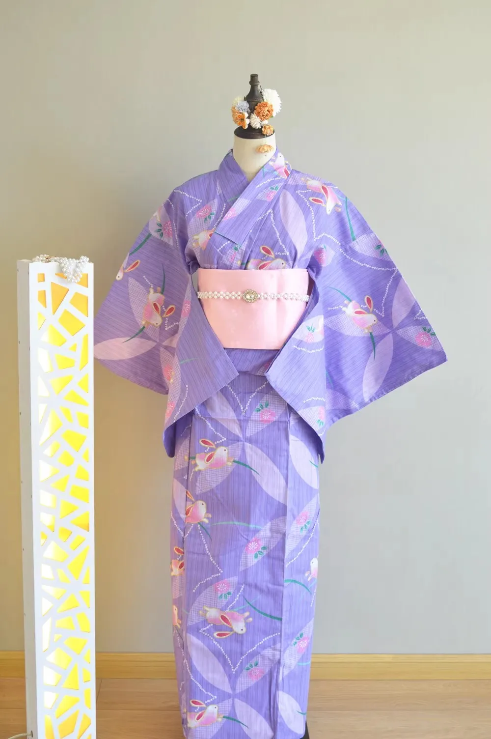 

Traditional Japanese Yukata Dress – 100% Cotton for Women & Girls Purple Rabbit Print