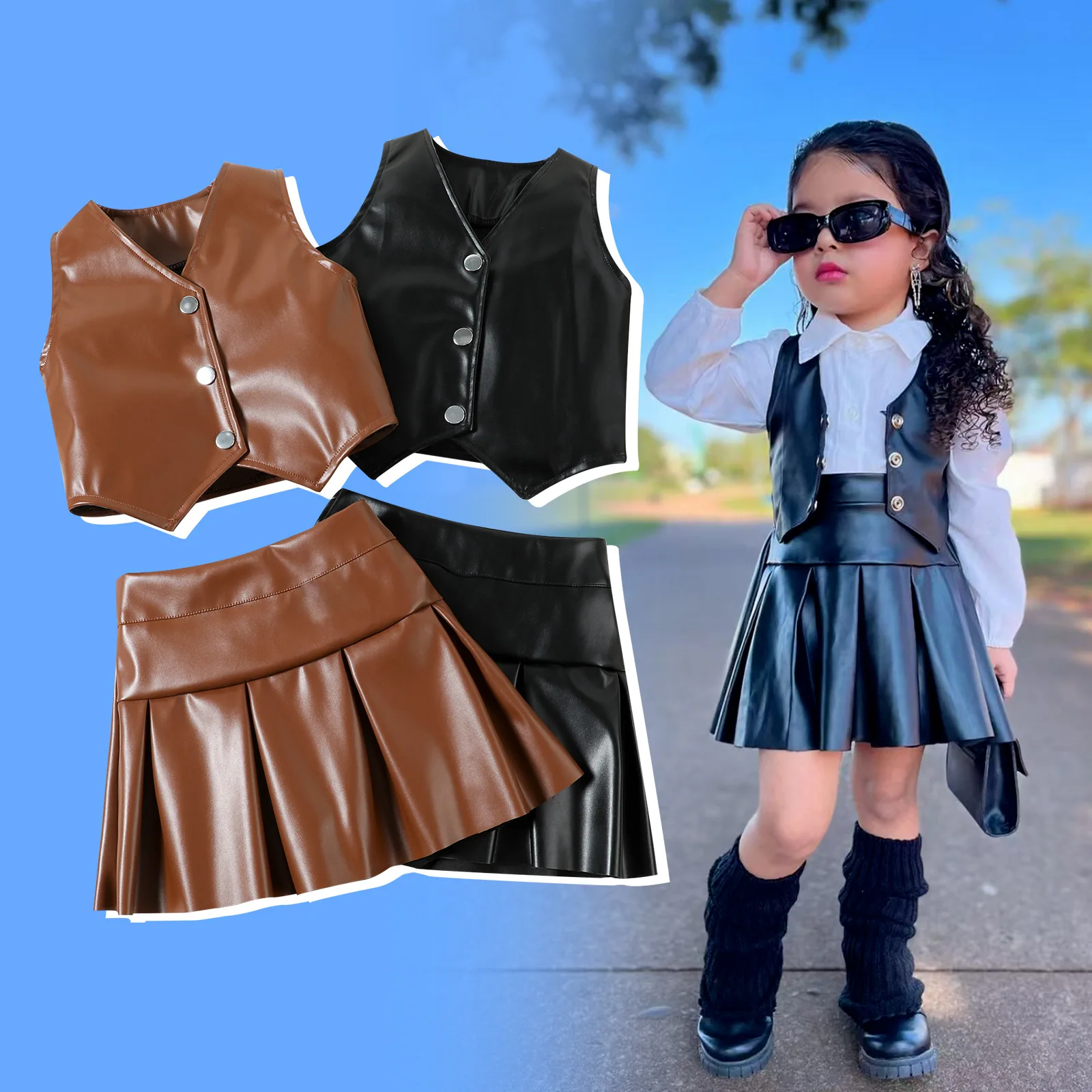 

Autumn Fashion Cool Girls' Clothes Set V-Neck Pu Leather Vest Jacket With Pleated Skirt Two-Piece Set For Children's Clothing