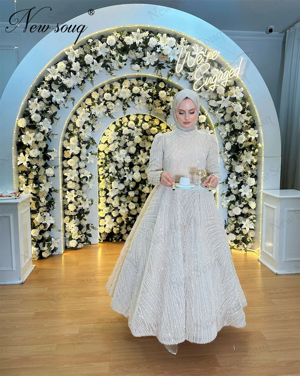 Vestido de noite muçulmano com lantejoulas e mangas compridas, vestido de noite elegante com hijab, comprimento do tornozelo, vestido de baile, 2020