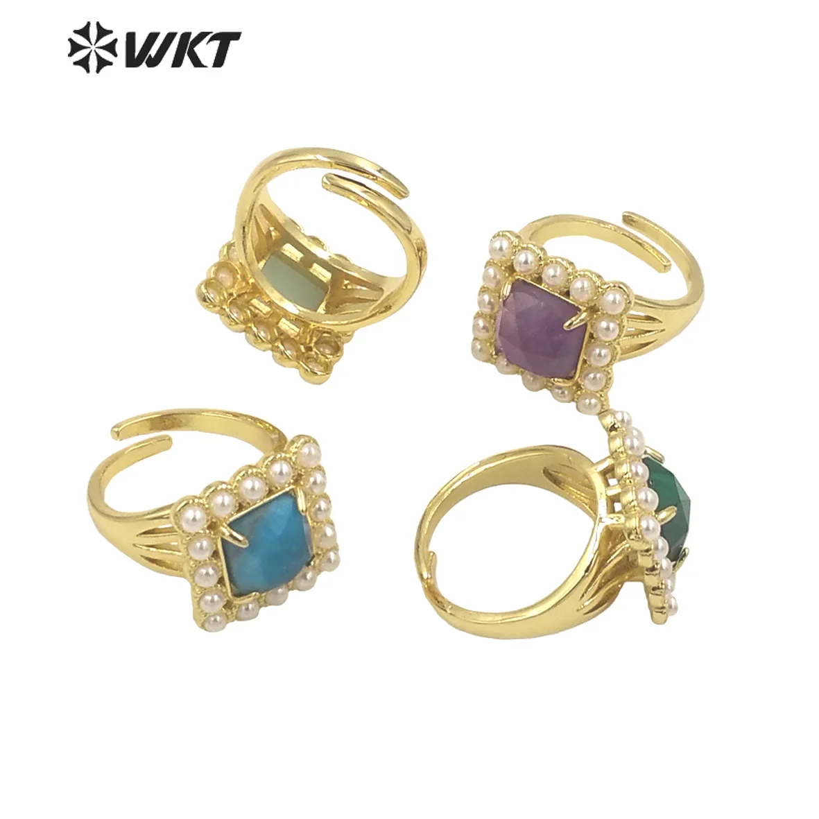 WT-MPR077 Delicate Charming Lady Square Natural Gemstone with Claw Setting 18K Gold Plated Birthday Stone Ring