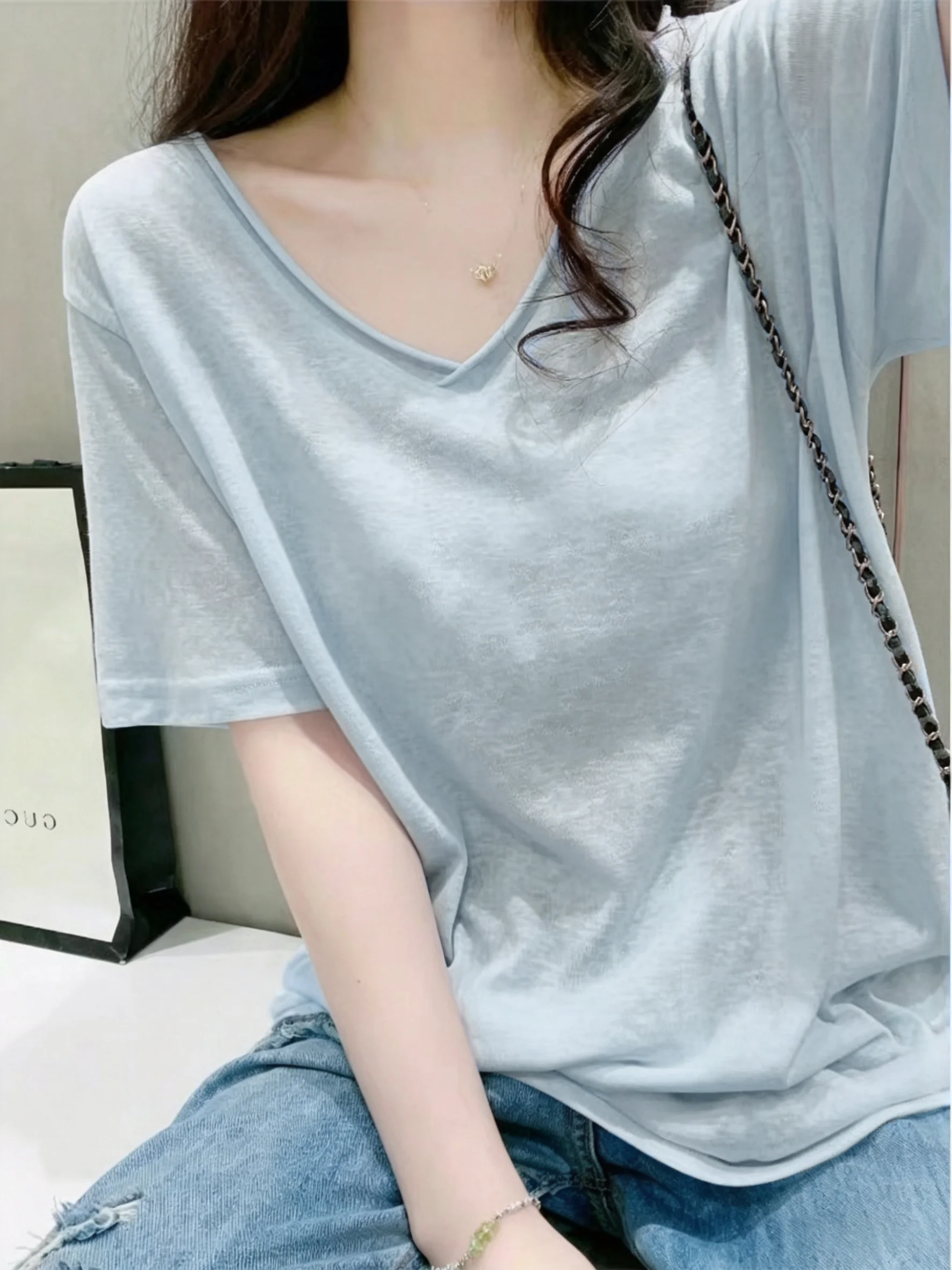 Ice Silk Snowflake Cotton Summer V-Neck Short Sleeve T-Shirt Women's plus Size Loose Slimming Meat Covering Top