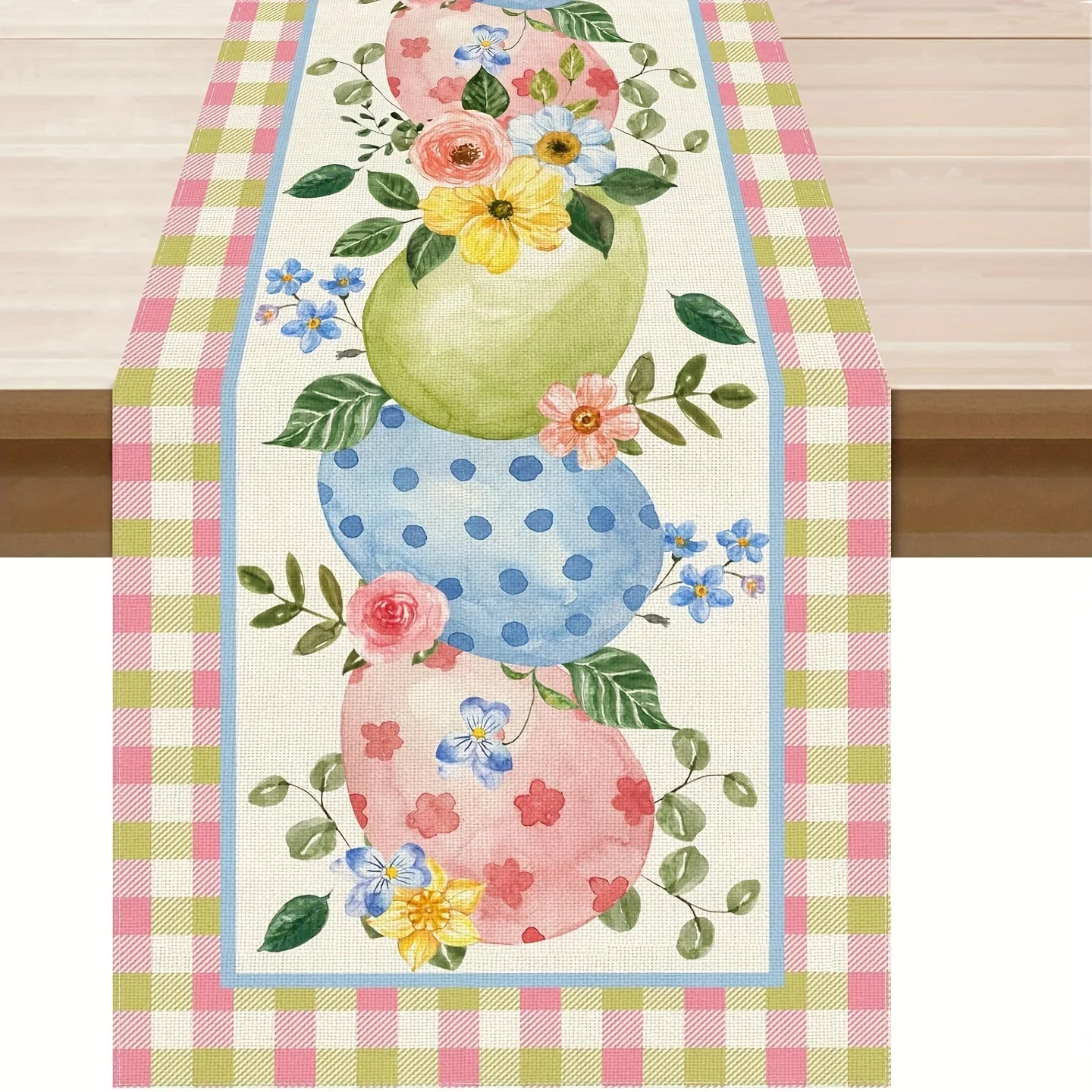 1 Stück Ostern-Karo-Leinen-Tischläufer, rechteckiges gewebtes Tuch aus 100 % Leinen mit bunten Eiern, Blumen und Eukalyptusblättern