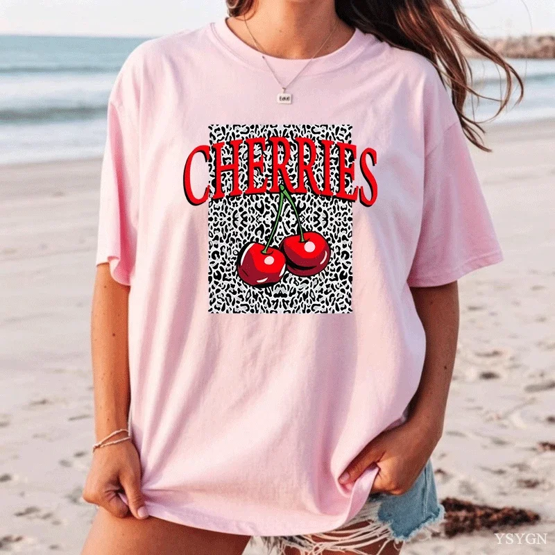 Cherries Leopard Background Graphic T Shirt Women Retro Fruit Art Print Tee Trendy Summer Food Theme Casual Short Sleeve Top