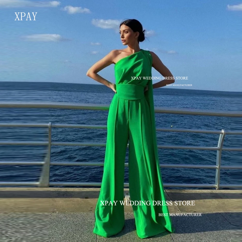 Xpay ชุดจั๊มสูทสีเขียวสดใสเสื้อผ้าผู้หญิงชุดชายหาดเสื้อเจอร์ซีย์สั่งทำชุดออกงานกลางคืนงานปาร์ตี้แบบทันสมัยเปิดไหล่ข้างเดียว