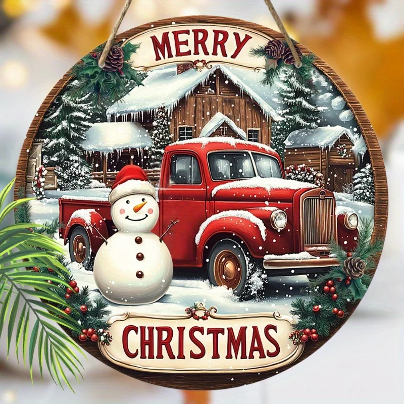 1pc Rustic Wooden Christmas Sign, Festive Merry Christmas with Red Pickup Truck, Snowman, Berries, 11.8 inches, Farmhouse Holida