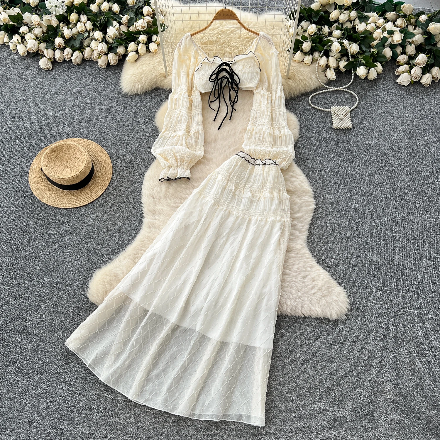 

Сексуальное тонкое сетчатое плиссированное платье с длинными рукавами и рюшами, повседневное платье трапециевидной формы, Vestidos, женское вечернее платье