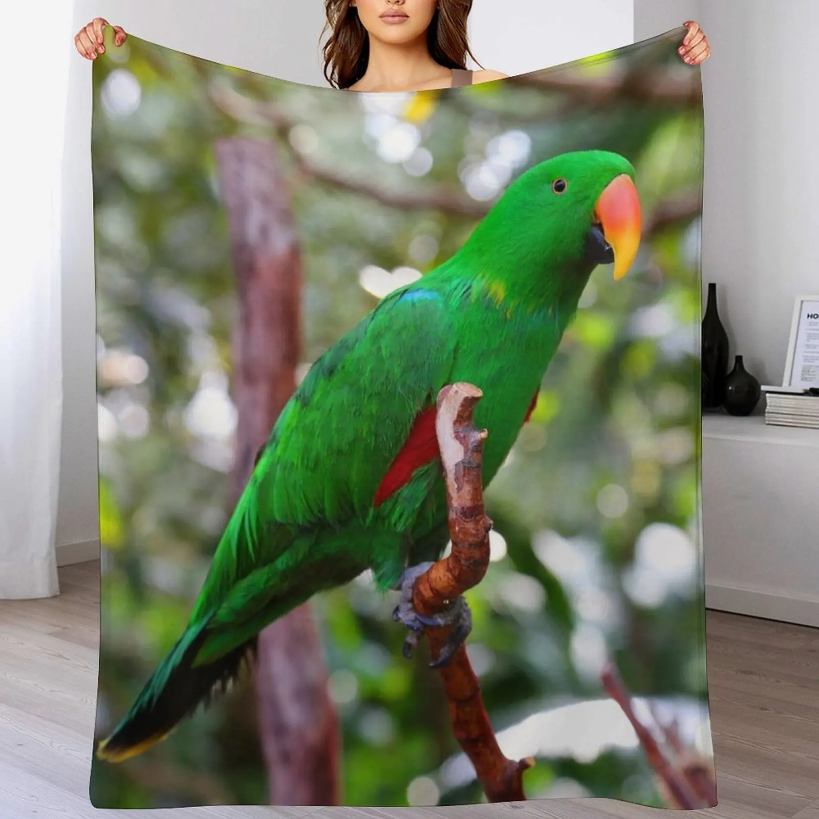 

Stunning Eclectus Parrot on Branch Throw Blanket Quilt for winter Blankets