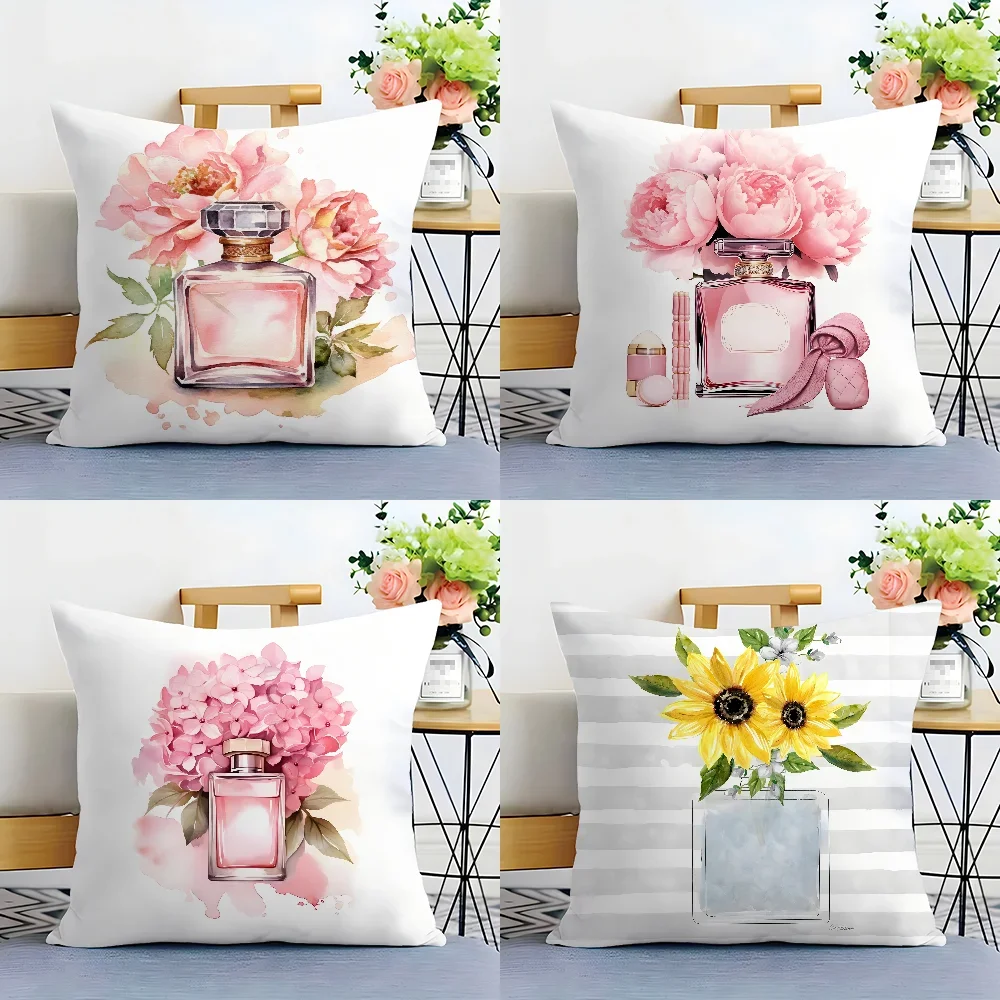 Flower Perfume Bottle Pillow Case Plush Fabric Soft  Pillowcase Double Sided Print Cushion Cover Household Gifts